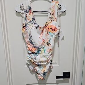 JANTZEN Floral One Piece Swimsuit with Plunging Neckline NWT